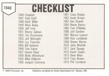 1989 ProCards Minor League Team Sets #1946 Checklist Back