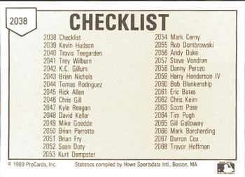 1989 ProCards Minor League Team Sets #2038 Checklist Back