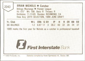 1989 ProCards Minor League Team Sets #2043 Brian Nichols Back