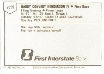 1989 ProCards Minor League Team Sets #2059 Harry Henderson IV Back