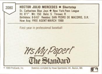 1989 ProCards Minor League Team Sets #2080 Hector Mercedes Back
