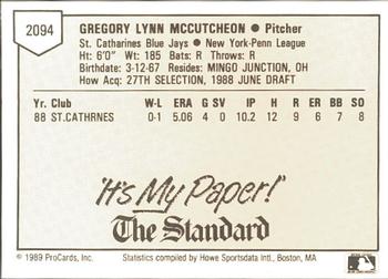 1989 ProCards Minor League Team Sets #2094 Greg McCutcheon Back