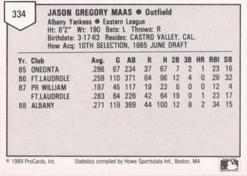 1989 ProCards Minor League Team Sets #334 Jason Maas Back