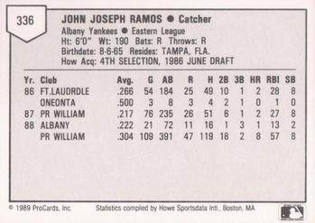 1989 ProCards Minor League Team Sets #336 John Ramos Back