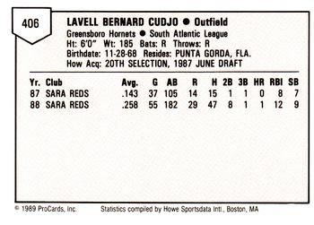 1989 ProCards Minor League Team Sets #406 Lavell Cudjo Back
