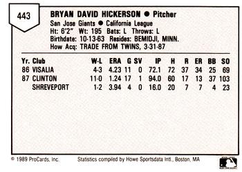 1989 ProCards Minor League Team Sets #443 Bryan Hickerson Back