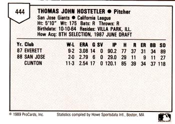 1989 ProCards Minor League Team Sets #444 Tom Hostetler Back