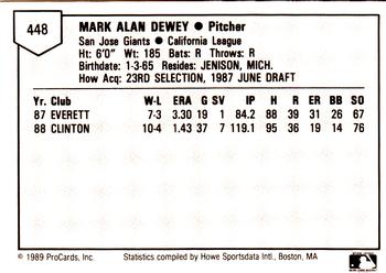 1989 ProCards Minor League Team Sets #448 Mark Dewey Back