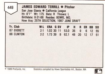 1989 ProCards Minor League Team Sets #449 Jim Terrill Back