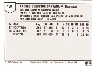 1989 ProCards Minor League Team Sets #450 Andres Santana Back