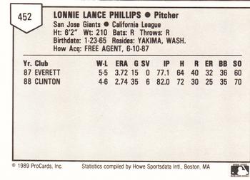 1989 ProCards Minor League Team Sets #452 Lonnie Phillips Back