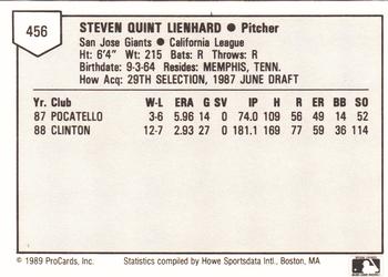 1989 ProCards Minor League Team Sets #456 Steve Lienhard Back