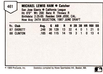 1989 ProCards Minor League Team Sets #461 Mike Ham Back