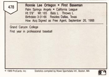 1989 ProCards Minor League Team Sets #478 Ronnie Ortegon Back