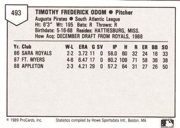 1989 ProCards Minor League Team Sets #493 Tim Odom Back