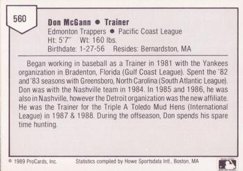 1989 ProCards Minor League Team Sets #560 Don McGann Back