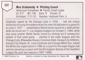 1989 ProCards Minor League Team Sets #581 Moe Drabowsky Back
