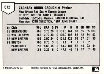 1989 ProCards Minor League Team Sets #612 Zach Crouch Back