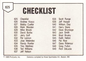 1989 ProCards Minor League Team Sets #625 Checklist Back