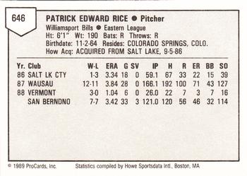 1989 ProCards Minor League Team Sets #646 Pat Rice Back