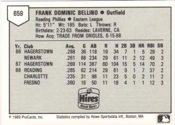 1989 ProCards Minor League Team Sets #659 Frank Bellino Back