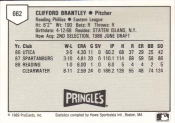 1989 ProCards Minor League Team Sets #662 Cliff Brantley Back