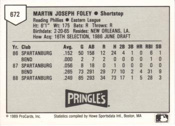1989 ProCards Minor League Team Sets #672 Marty Foley Back