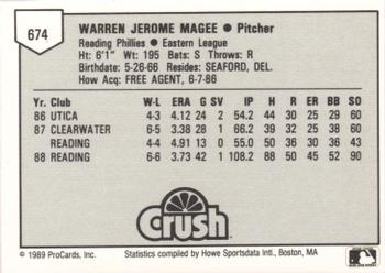 1989 ProCards Minor League Team Sets #674 Warren Magee Back