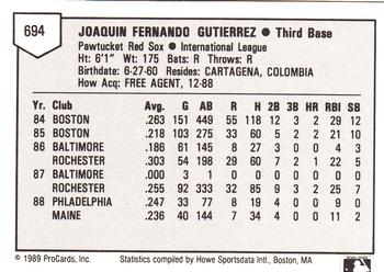 1989 ProCards Minor League Team Sets #694 Jackie Gutierrez Back