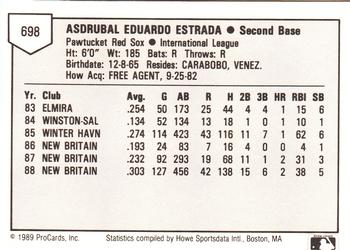 1989 ProCards Minor League Team Sets #698 Ed Estrada Back