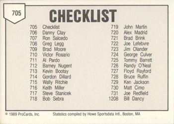 1989 ProCards Minor League Team Sets #705 Checklist Back