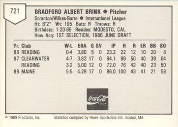 1989 ProCards Minor League Team Sets #721 Brad Brink Back