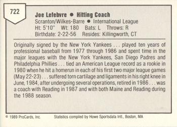 1989 ProCards Minor League Team Sets #722 Joe Lefebvre Back