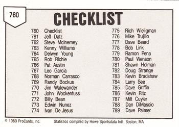 1989 ProCards Minor League Team Sets #760 Checklist Back