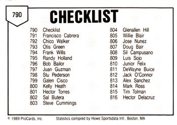1989 ProCards Minor League Team Sets #790 Checklist Back