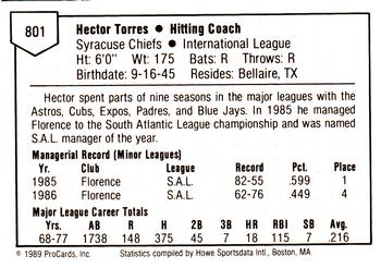 1989 ProCards Minor League Team Sets #801 Hector Torres Back