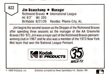 1989 ProCards Minor League Team Sets #822 Jim Beauchamp Back
