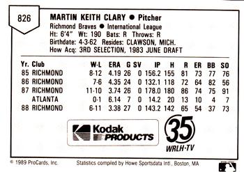 1989 ProCards Minor League Team Sets #826 Marty Clary Back