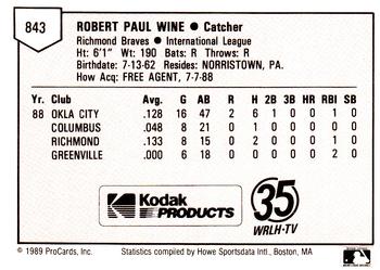 1989 ProCards Minor League Team Sets #843 Robbie Wine Back