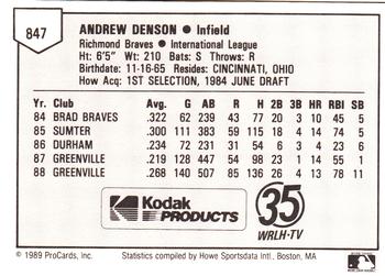 1989 ProCards Minor League Team Sets #847 Drew Denson Back