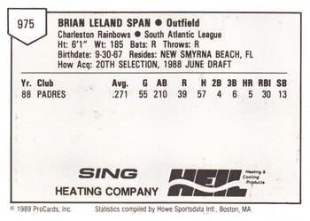 1989 ProCards Minor League Team Sets #975 Brian Span Back