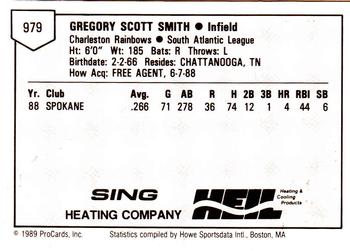 1989 ProCards Minor League Team Sets #979 Greg Smith Back