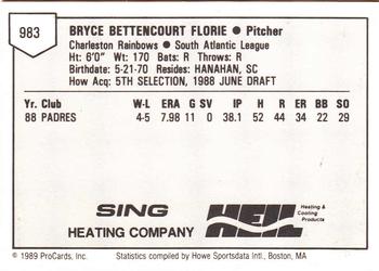1989 ProCards Minor League Team Sets #983 Bryce Florie Back