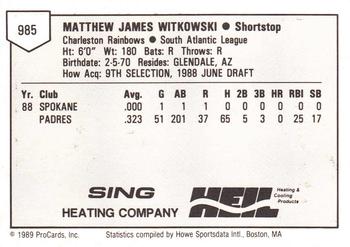 1989 ProCards Minor League Team Sets #985 Matt Witkowski Back