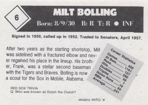 1981 Boston Globe Boston Red Sox #6 Milt Bolling Back