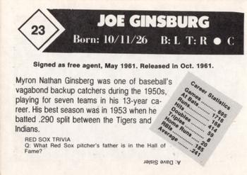 1981 Boston Globe Boston Red Sox #23 Joe Ginsberg Back