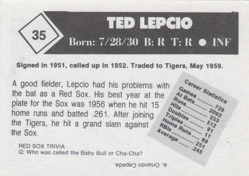1981 Boston Globe Boston Red Sox #35 Ted Lepcio Back