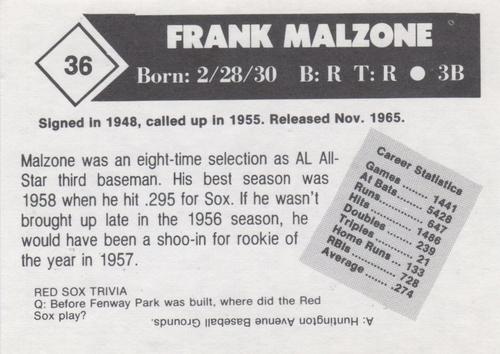 1981 Boston Globe Boston Red Sox #36 Frank Malzone Back