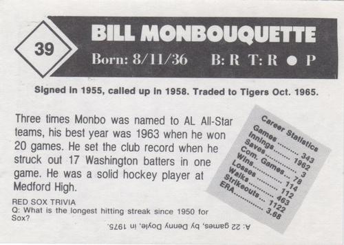 1981 Boston Globe Boston Red Sox #39 Bill Monbouquette Back