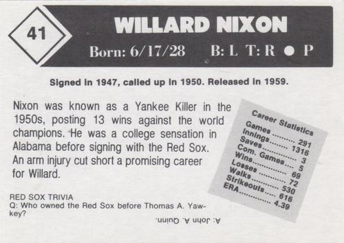 1981 Boston Globe Boston Red Sox #41 Willard Nixon Back
